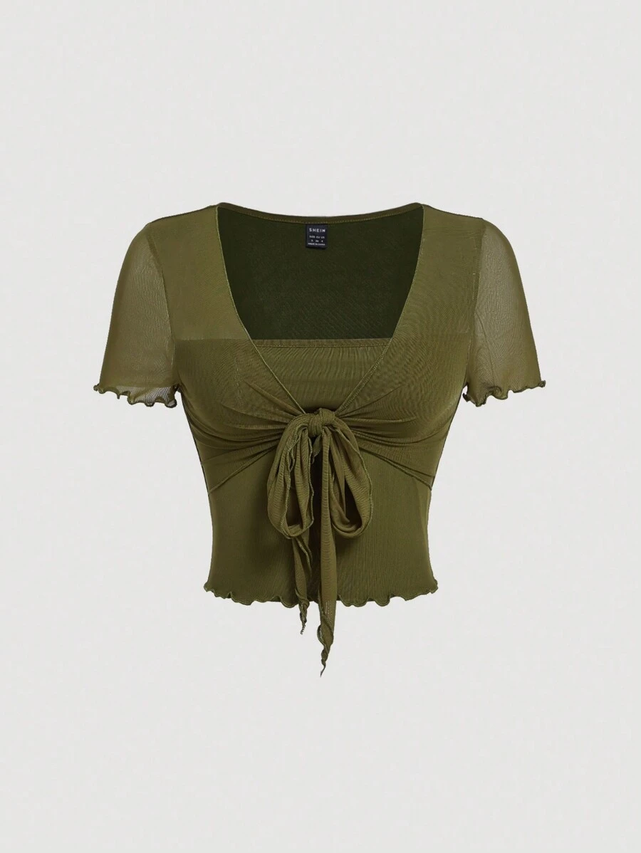 SHEIN MOD 生菜下摆系带前绿色复古 T 恤 - 軍綠色 - 查看 1
