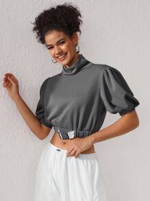 Brittney Do Designer Women's Solid Color High Collar Puff Sleeve Cropped Sweatshirt With Elastic Hem, For Summer, Holiday, Winter, Vacation - Grey - View 7
