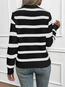 SHEIN LUNE Của phụ nữ Sọc Khối màu Áo len - Đen và trắng - Xem 2