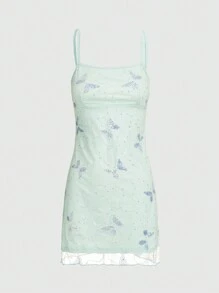 ROMWE Summer Elegant Butterfly Sequined Embroidered Camisole Dress - Green - View 1