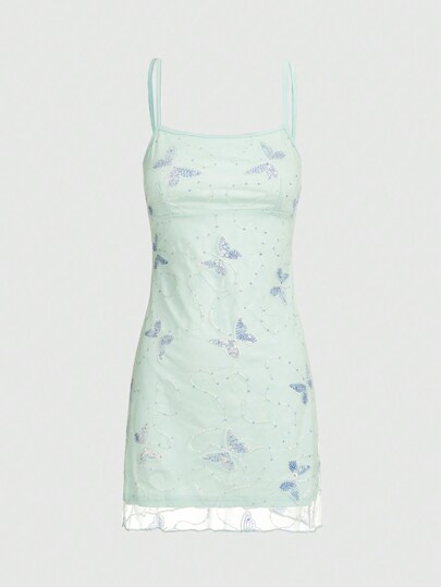 Vestido camisero de verano elegante con bordado de mariposas con lentejuelas