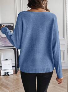 SHEIN LUNE Suéter de cuello redondo de manga larga de punto para otoño e invierno - Azul - Ver 2