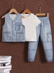SHEIN Young Boy Solid Color Short Sleeve T-Shirt And Denim Effect Vest And Pants 2pcs Set