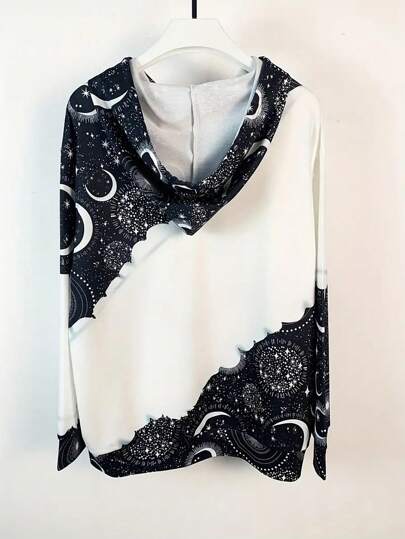 Suéter Con Capucha Y Cordón Para Mujer Impreso Con Patrón De Luna Y Estrella En Bloque De Color