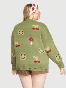 ROMWE Fairycore Women's Plus Size Frog & Mushroom Pattern Drop Shoulder Sweater - Green - View 4