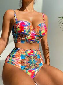 SHEIN Swim 女性性感印花比基尼泳衣,配有硬杯和鋼托,適合音樂節 - 彩色 - 查看 4