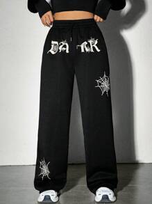 SHEIN EZwear 抽繩腰部蜘蛛網&字母印花慢跑褲 - 黑色 - 查看 1