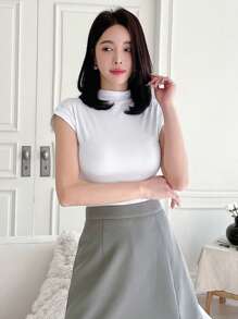 DAZY Màu thuần Đứng cổ áo Áo thun - trắng - Xem 4