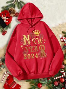 SHEIN LUNE 女士加大码金色新年标语印花抽绳卫衣 - 紅色 - 查看 1