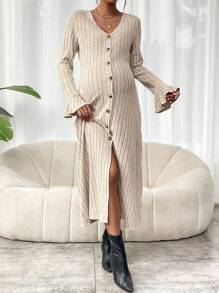 SHEIN Váy xòe tay loe cài nút cổ chữ V dành cho bà bầu - Màu be - Xem 6