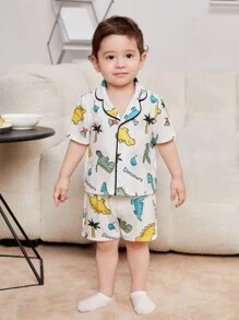 男嬰柔軟針織可愛恐龍圖案開襟衫上衣和短褲睡衣套裝兩件套 - 白色 - 查看 1