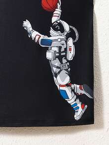 SHEIN 運動用Tween男童寬鬆版太空人印花圓領背心 - 黑色 - 查看 3