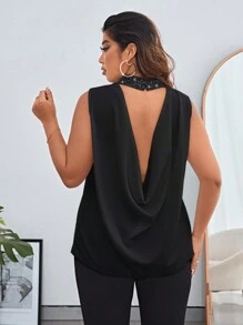 SHEIN Privé 大尺碼女露背翻領無袖襯衫 - 黑色 - 查看 4
