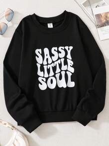 Tween女孩的字母印花運動衫 - 黑色 - 查看 1