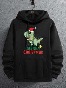 男士聖誕節印花連帽抓絨衣,束口帽衫 - 黑色 - 查看 4