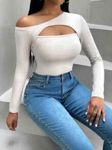 SHEIN SXY 純色不對稱領口鏤空連身衣 - 杏色 - 查看 5