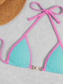 Swim Vcay Summer Beach Colorblock Edging Two Pieces Bikini Set - Baby Blue - View 4