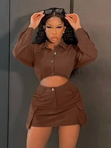 Slaydiva 短版長袖上衣和貨物a字裙套裝 - 咖啡棕 - 查看 1