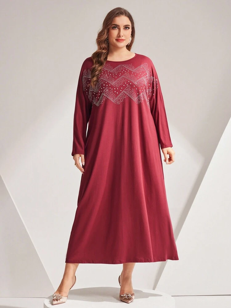 Burgundy Red Plus Size Embellished Detail Loose Long Dress