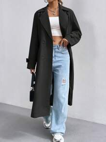 SHEIN Unity 女性翻領雙排扣風衣 - 黑色 - 查看 5