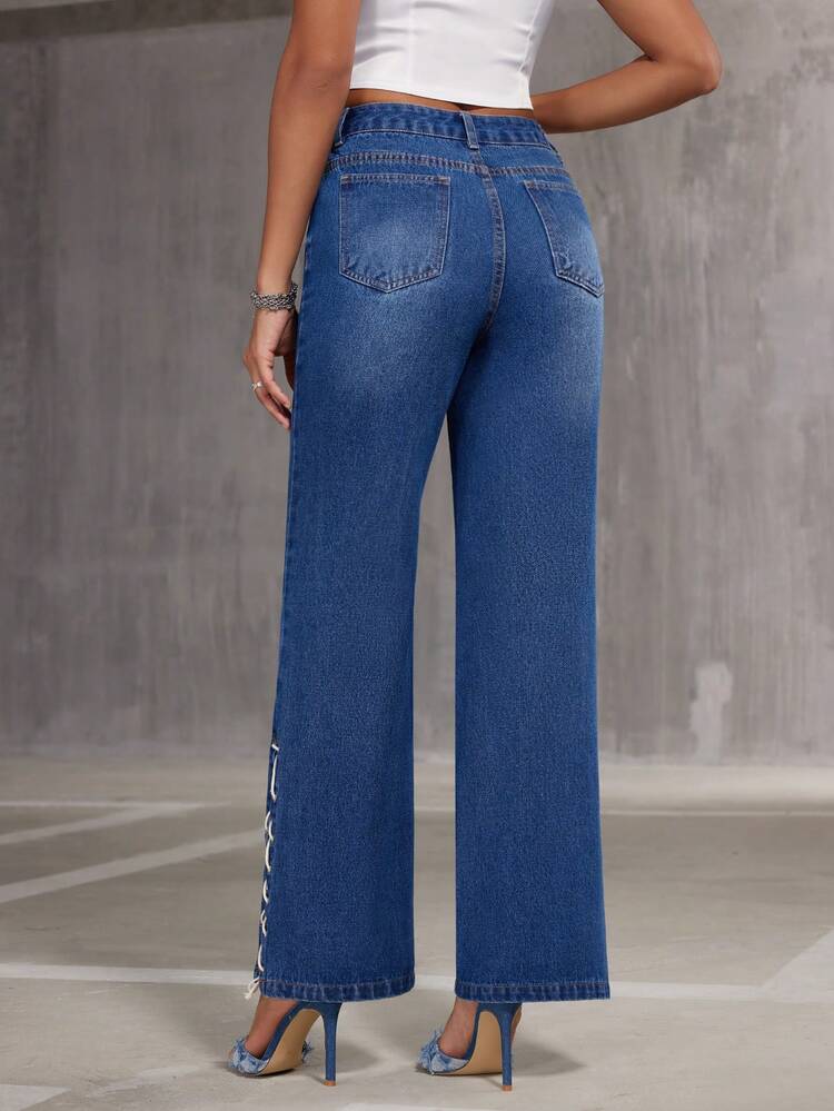 Lace-Up Hem Water Wash Denim Jeans