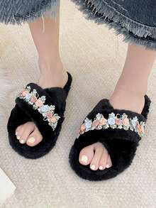 時尚流行珍珠&花&裝飾女式交叉帶拖鞋,適用於秋冬季節
