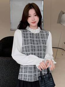 DAZY Của phụ nữ Kẻ sọc Tay áo xù Áo sơ mi - Xám - Xem 3