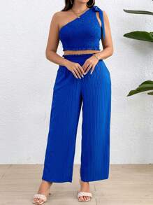 Flirla Plus Size Solid Color Two Piece Set - Blue - View 3