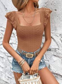 SHEIN VCAY Women's Solid Color Hollow Out Embroidery T-Shirt With Square Neckline - Brown - View 6