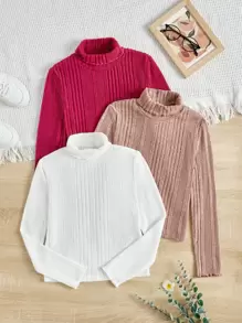 三入組青少女高領長袖條紋T卹 - 玫紅色 - 查看 1