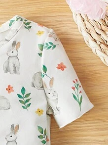 SHEIN 女宝宝针织兔子图案短袖上衣和裤子家居服 - 彩色 - 查看 4