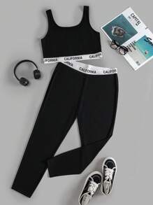 SHEIN EZwear 女性加大尺碼黑色針織運動短上衣和修身打底褲套裝 - 黑色 - 查看 6