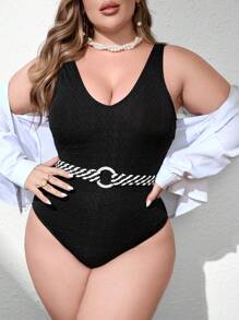 SHEIN Swim Curve Maillot de bain 1 pièce avec ceinture en argent, pour grandes tailles, pour l'été - Noir - Voir 6
