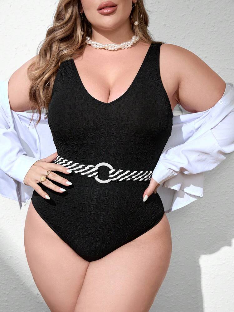 Plus Size Hoop Belt One Piece Swimsuit Summer