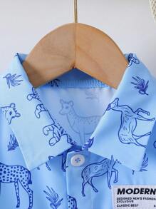 Em bé Con trai Con voi & In hoa  cao cổ in Ngắn tay Áo sơ mi Với Vòng cổ , Kỳ nghỉ Phong cách Cho mùa hè - Màu xanh lam - Xem 3