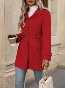 EMERY ROSE Women's Buttoned Notched Lapel Casual Woolen Overcoat With Slanted Pockets For New Year Clothes Fall Winter Cloth For Women - Red - View 3