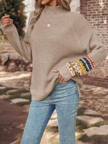 SHEIN LUNE 女士幾何圖案插肩袖毛衣 - 杏色 - 查看 3