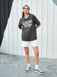 Street Sport Slogan Printed Round Neck Drop Shoulder Sleeve Sports T-Shirt - Black - View 7