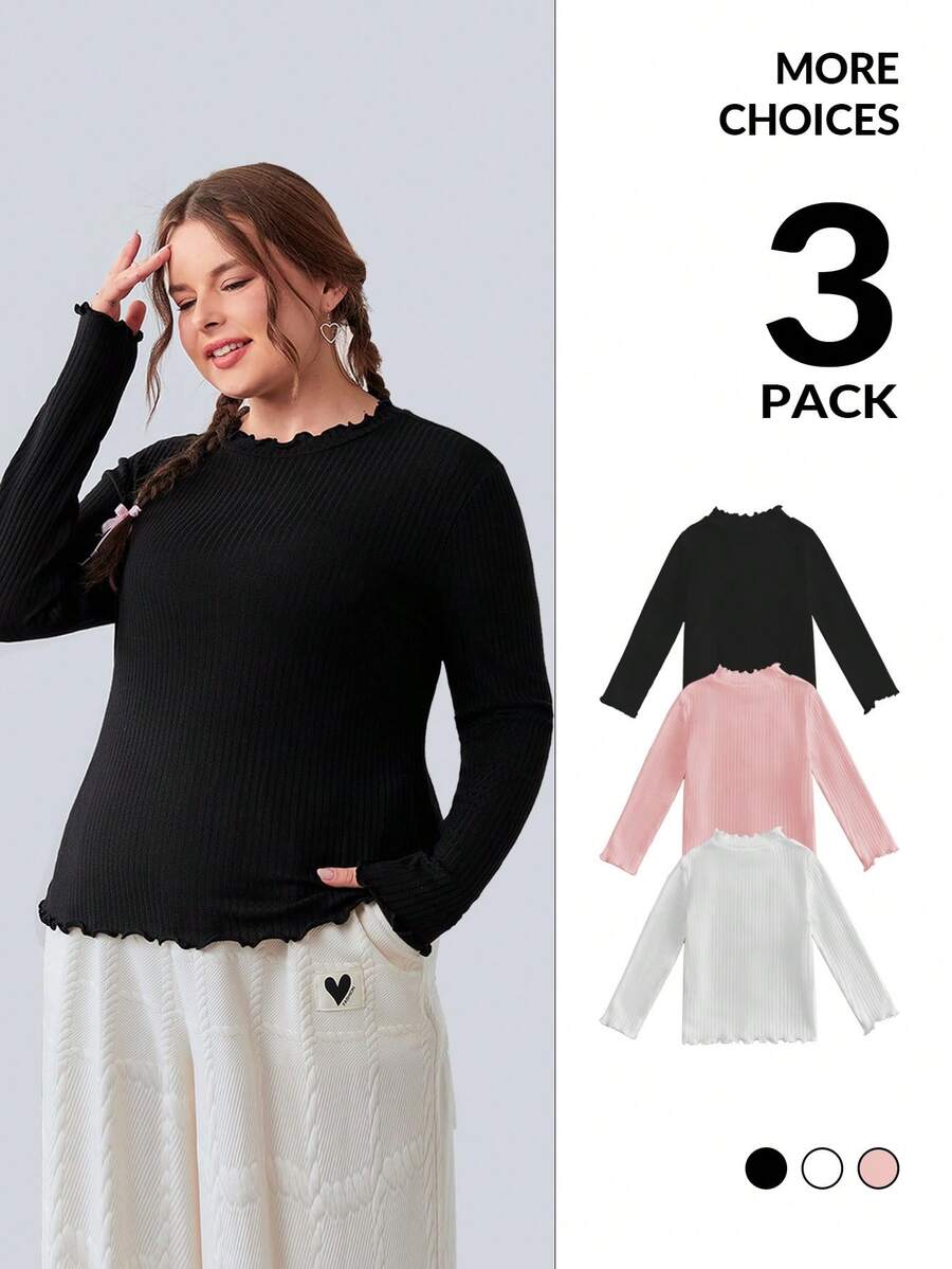 SHEIN EZwear 加大碼純色荷葉邊長袖t恤 - 彩色 - 查看 1