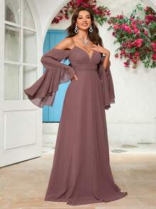 UNITHORSE Off-Shoulder Flare Sleeve Solid Color Bridesmaid Dress - Dusty Pink - View 4