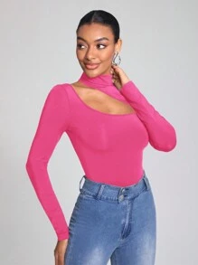 NEW FEMME E款高領長袖連體衣,帶折線割開設計 - 玫紅色 - 查看 3