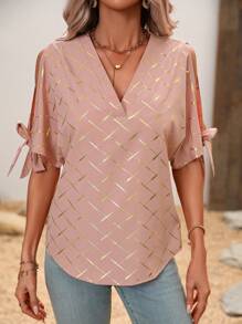 SHEIN LUNE 女款 V 領格紋印花正面繫帶襯衫 - 粉色 - 查看 5