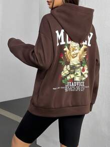 SHEIN Unity 女士天使標語印花帽衫,綁繩設計 - 棕色 - 查看 2