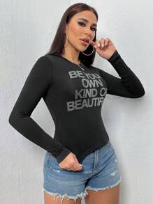 Zolique Women's Rhinestone Slogan T-Shirt - Black - View 5