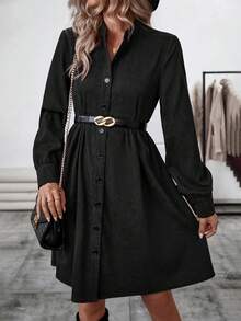 SHEIN LUNE Vestido Con Botones De Color Liso Para Mujer - Negro - Ver 3