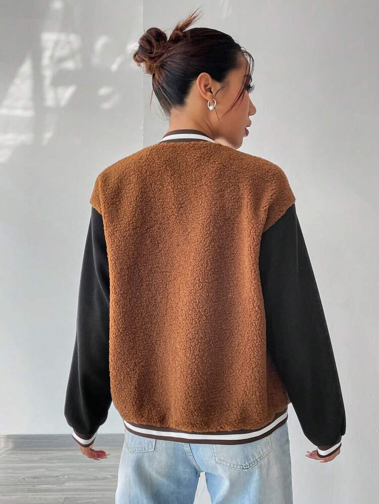 Color-Block Lamb Fur Patchwork Jacket Fall Cloth For Women