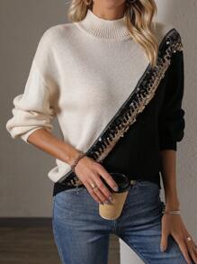 SHEIN LUNE 撞色亮片拼布立領毛衣 - 黑色 - 查看 4