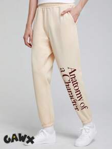 GAWX Men Letter Graphic Slant Pocket Sweatpants - Apricot - View 1