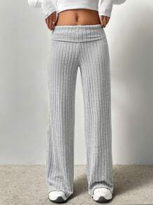 SHEIN Unity 女款純色羅紋翻折腰長褲 - 灰色 - 查看 1
