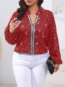 SHEIN Clasi Kích thước lớn In Sao Long lanh Vá lại Cổ áo có khía Áo sơ mi - Màu Đỏ Sâu - Xem 3